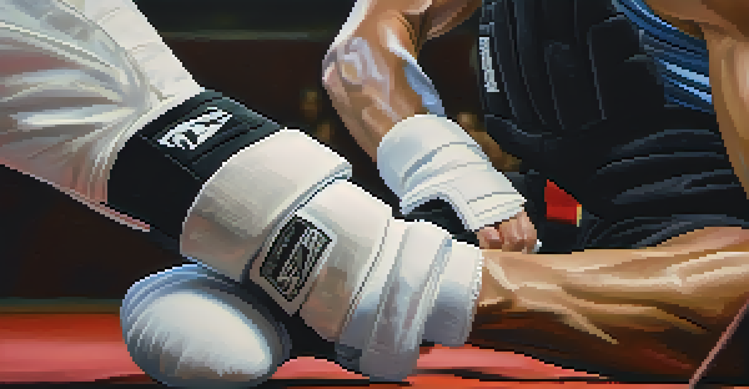 Close-up of a martial artist's hands adjusting protective gear before sparring.
