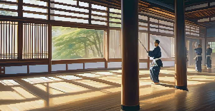 A peaceful dojo with practitioners performing Tai Chi in the morning light, surrounded by bamboo decor.