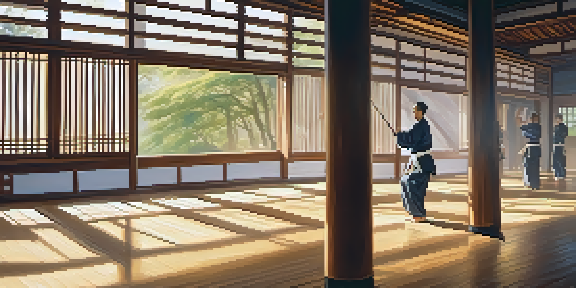 A peaceful dojo with practitioners performing Tai Chi in the morning light, surrounded by bamboo decor.
