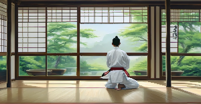 A martial artist practicing kata in a peaceful dojo with wooden floors and natural light.