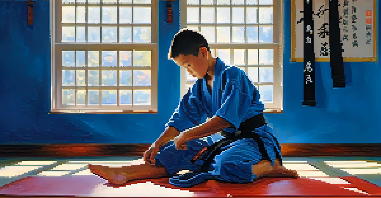 A young martial artist tying their belt, symbolizing discipline and focus, with a dojo environment in the background.