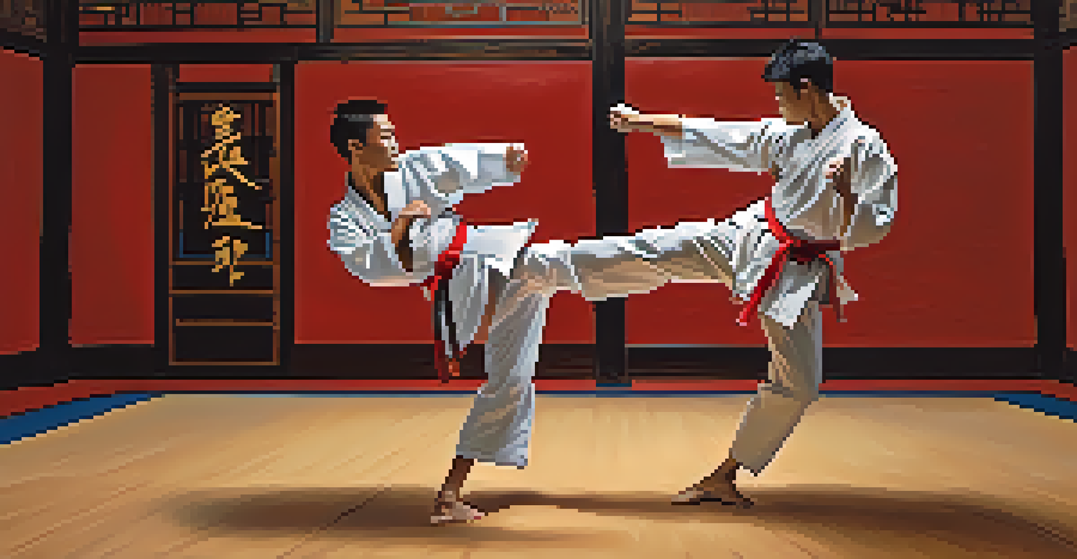 Two martial artists sparring in a dojo, showcasing action and focus in their movements.