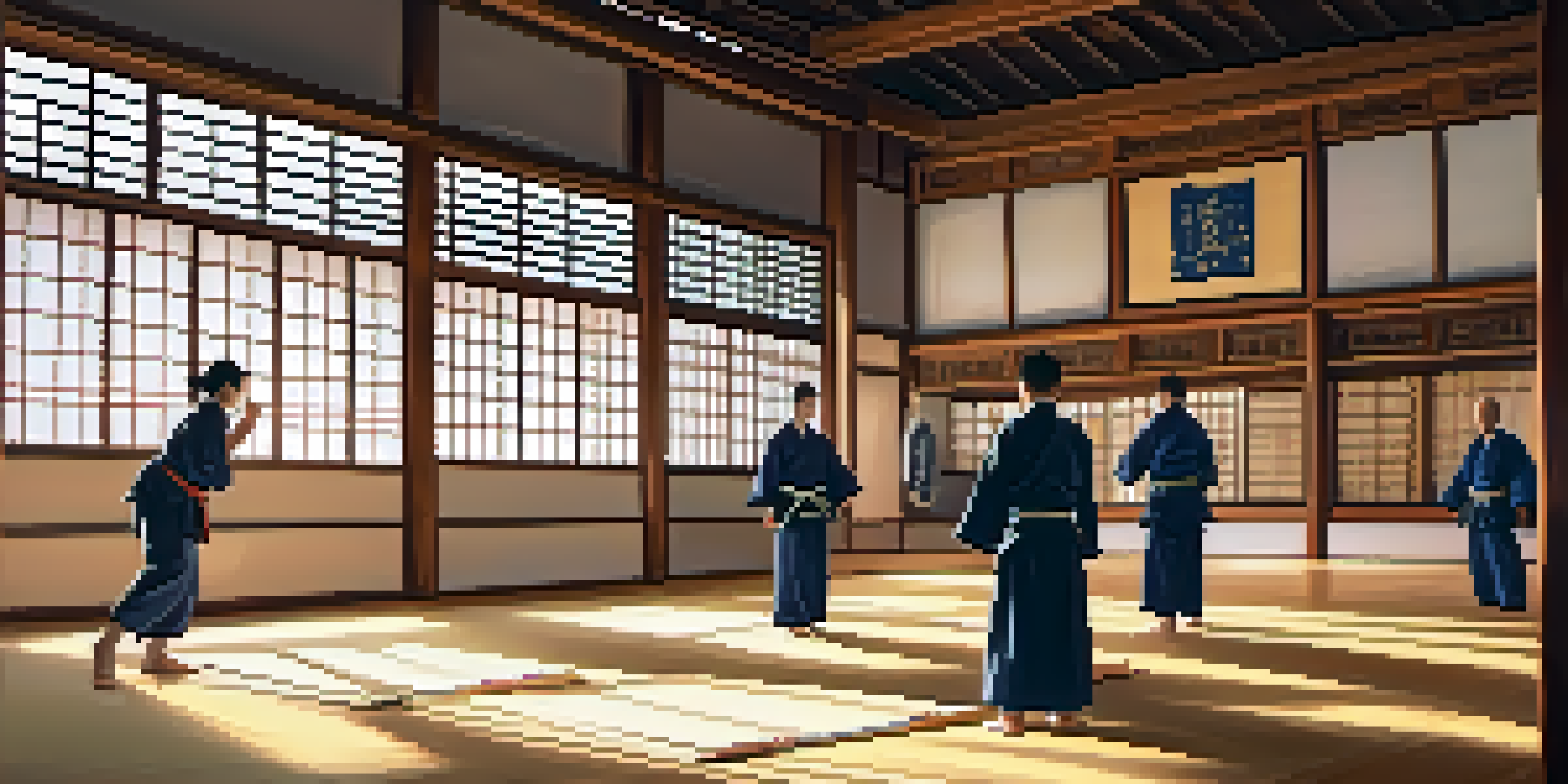 A peaceful martial arts dojo filled with practitioners training together, with sunlight streaming through shoji screens.