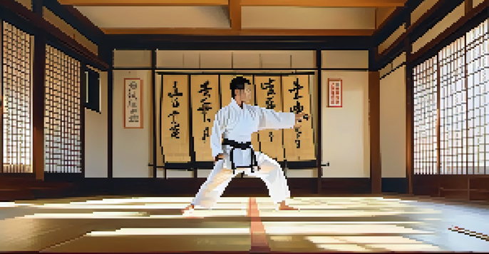 A tranquil dojo with a martial artist in a white gi practicing a kata under soft sunlight, surrounded by wooden floors and martial arts decorations.