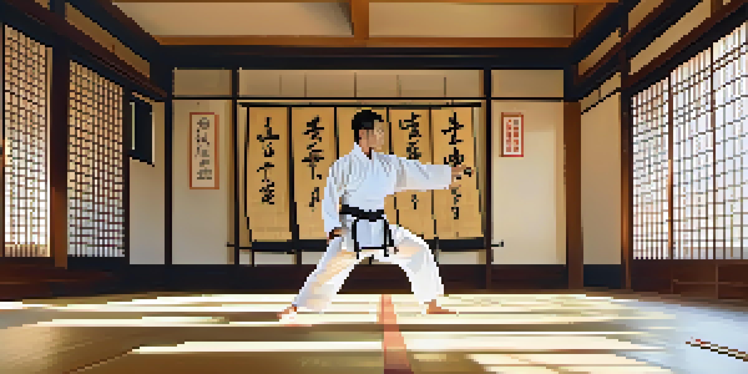 A tranquil dojo with a martial artist in a white gi practicing a kata under soft sunlight, surrounded by wooden floors and martial arts decorations.