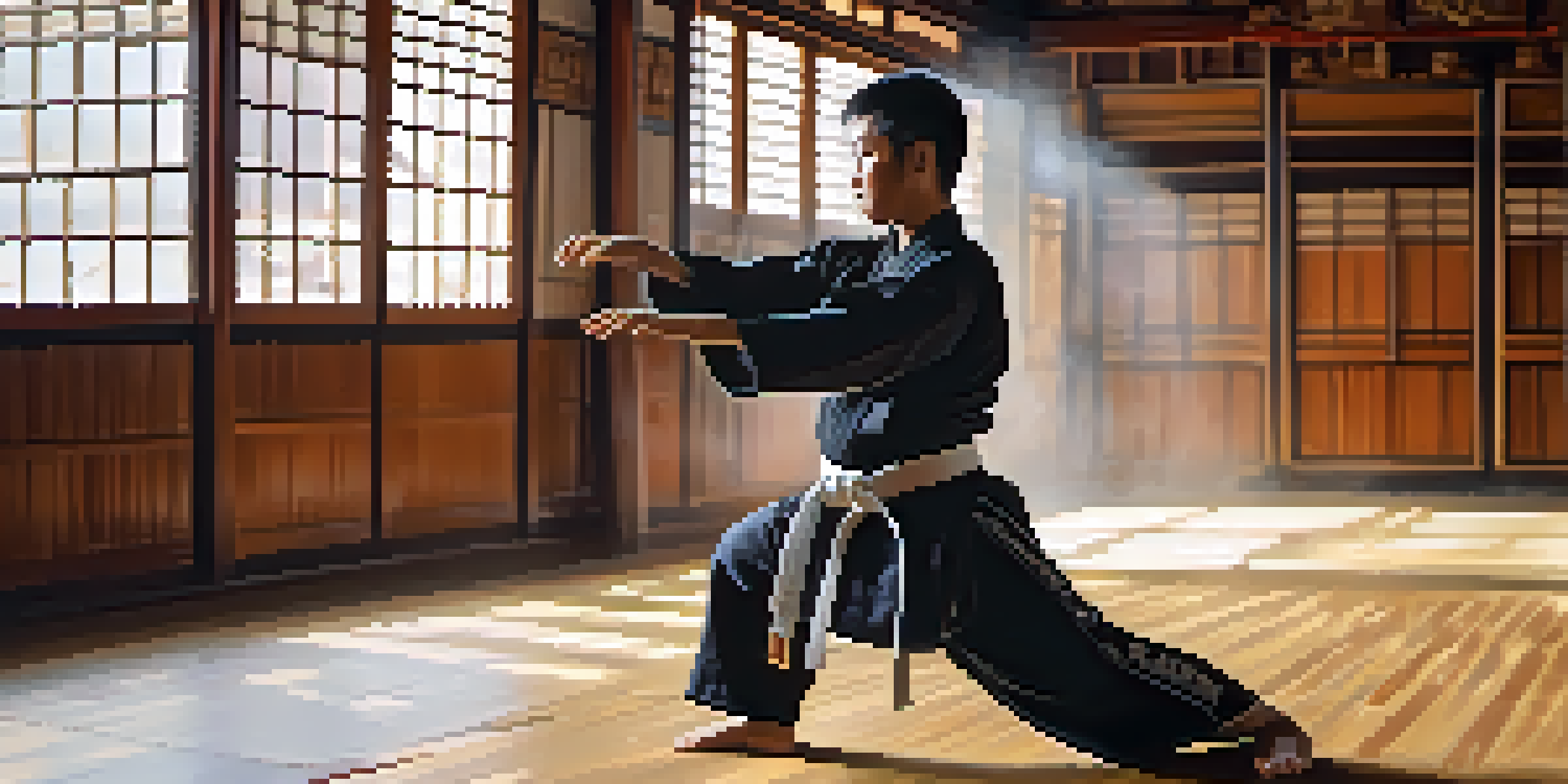 A martial artist executing a kicking technique in a brightly lit dojo, sweat visible on their skin.