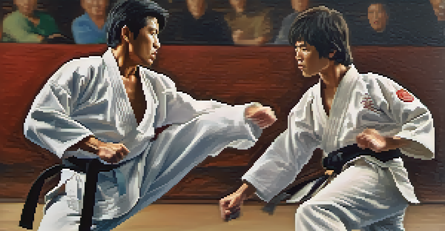 Two martial artists sparring with intense expressions, captured in a close-up with a blurred dojo background.