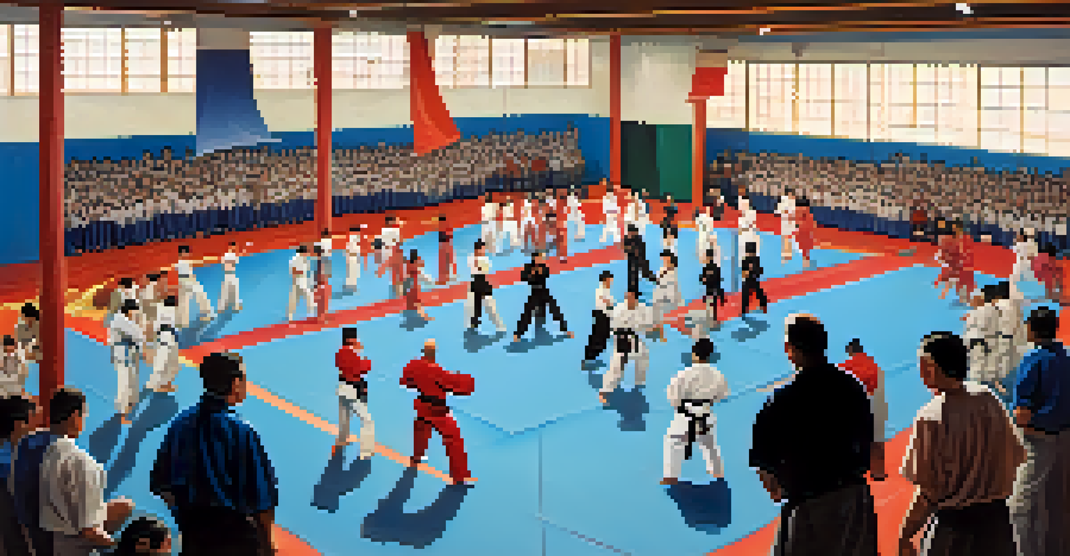 A community martial arts tournament in a gymnasium, showcasing participants sparring and spectators cheering.
