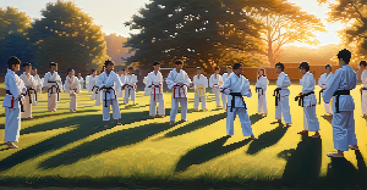 A diverse group of students practicing martial arts outdoors during golden hour.