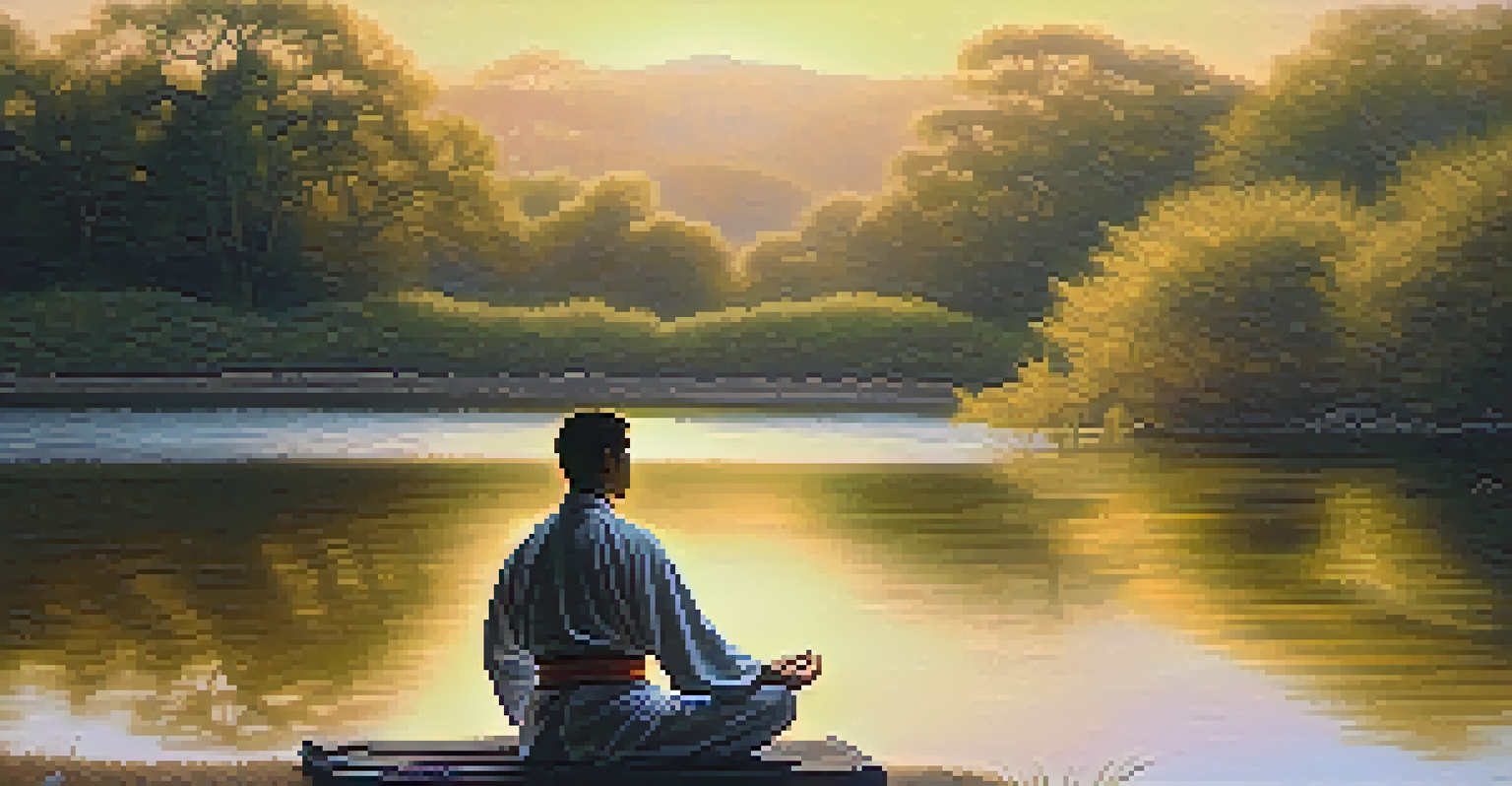 A martial artist meditating in a tranquil natural setting during sunrise.