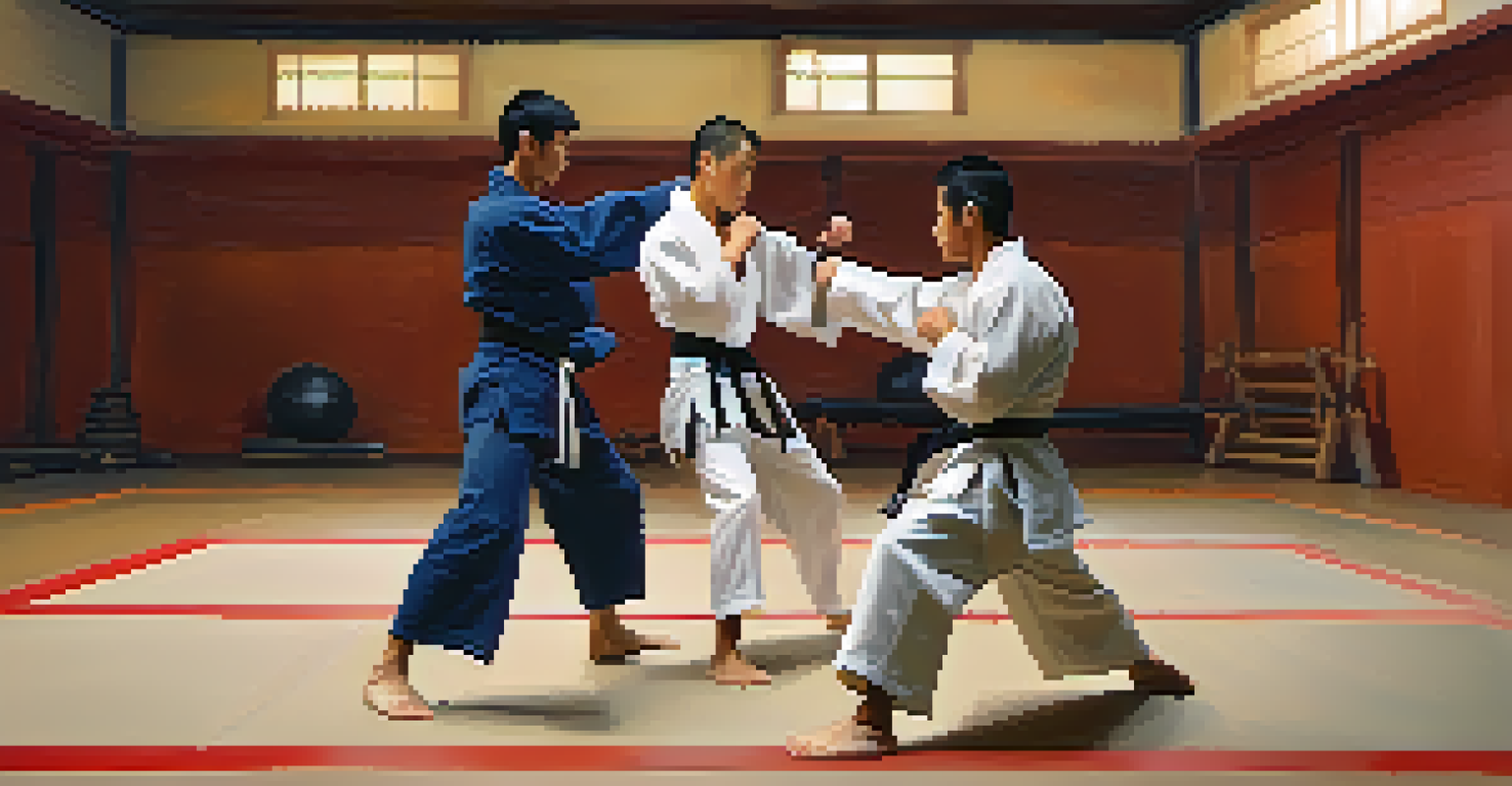 Two martial artists sparring, showing expressions of concentration and trust, with a blurred dojo background emphasizing their connection.