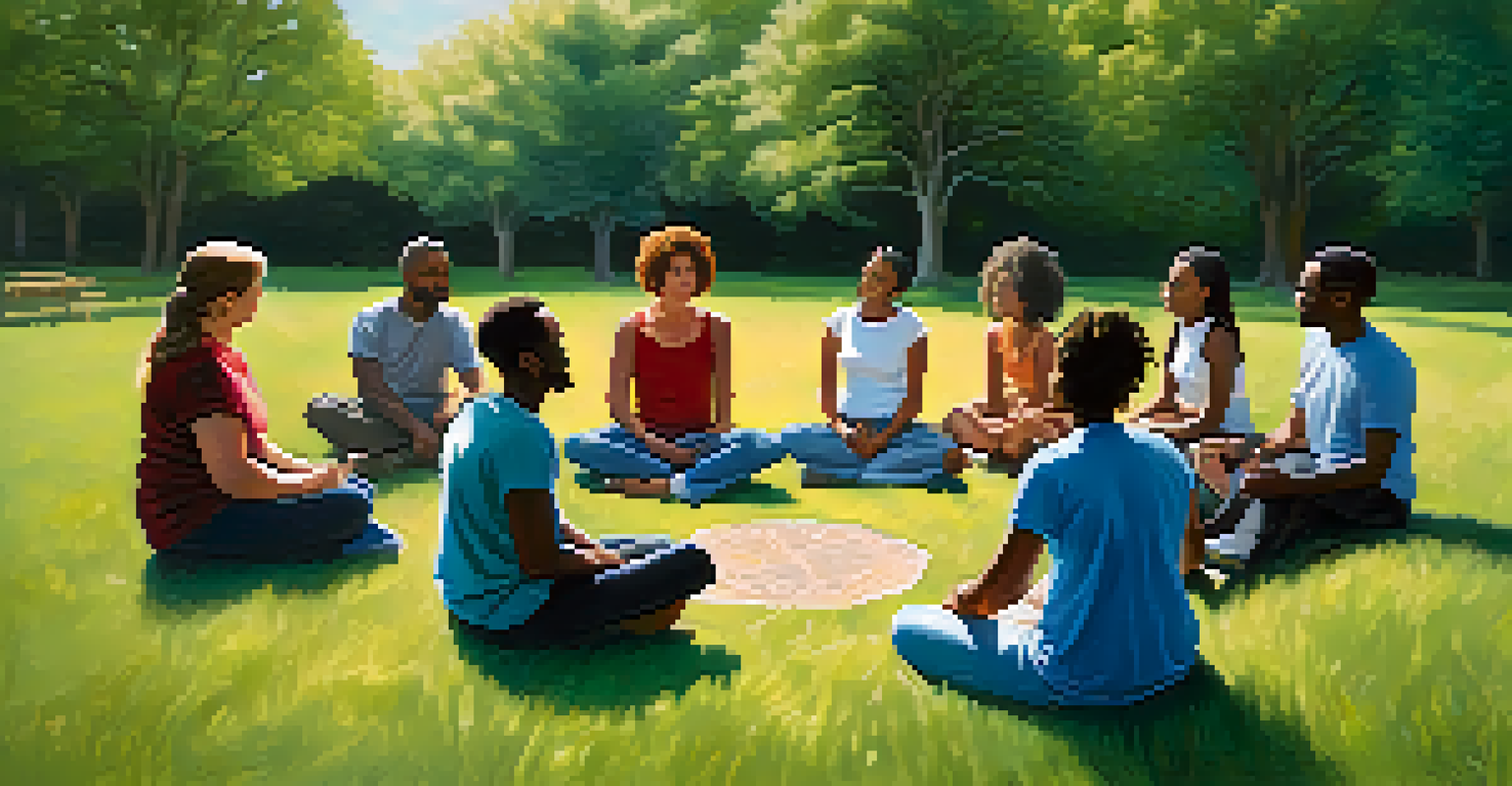 A diverse group of people in a circle on a grassy field, engaged in a nonviolent communication workshop, showing empathy and understanding.