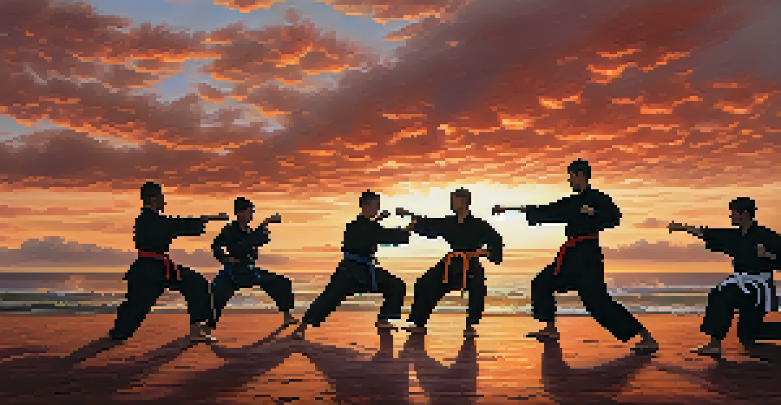 Martial arts students practicing outdoors at sunset, with dynamic silhouettes against a colorful sky.