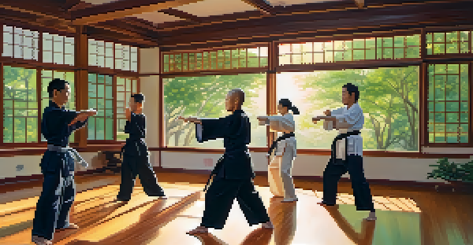 A peaceful martial arts studio with people practicing tai chi, illuminated by warm sunlight and surrounded by greenery.