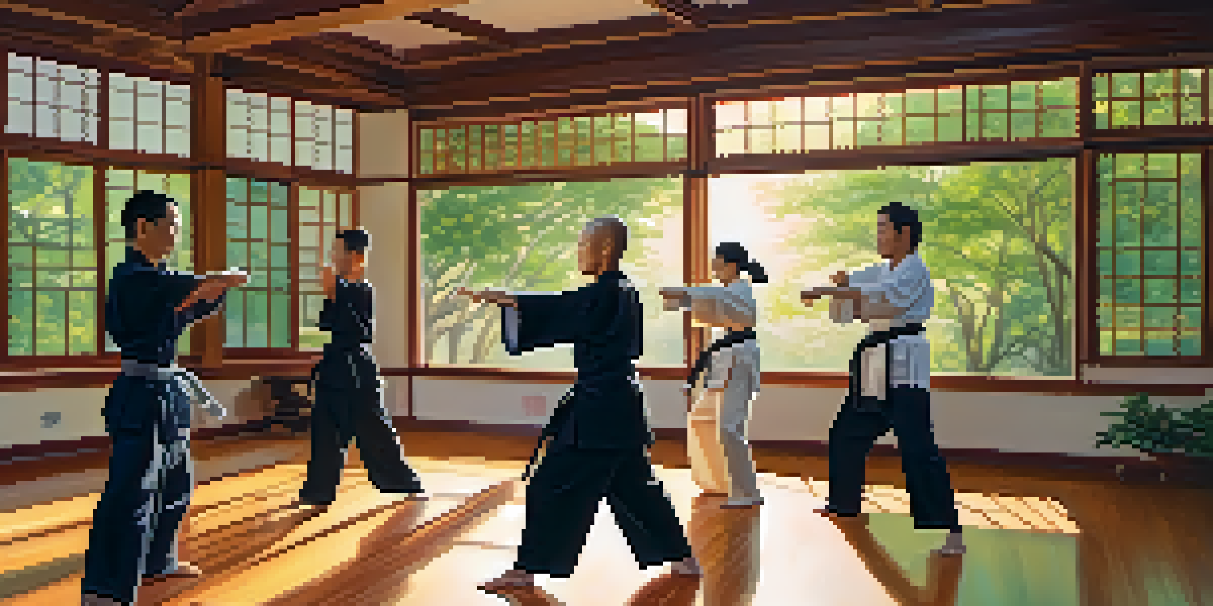 A peaceful martial arts studio with people practicing tai chi, illuminated by warm sunlight and surrounded by greenery.