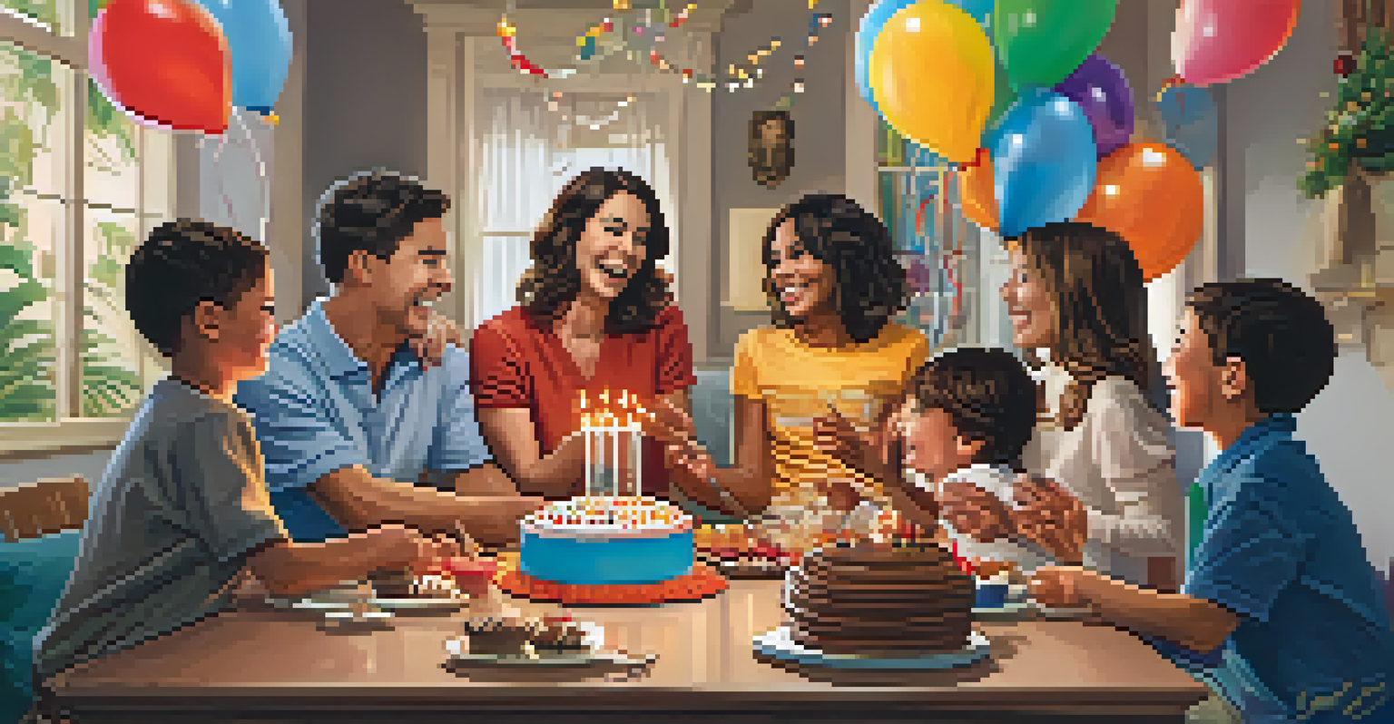 A family celebrating a belt promotion with cake and balloons, highlighting joy and togetherness in a cozy living room.