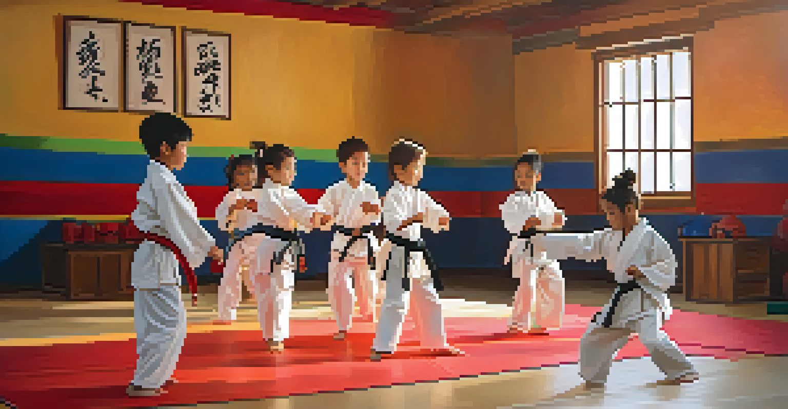 Children engaged in a partner drill in a martial arts class, demonstrating focus and coordination.