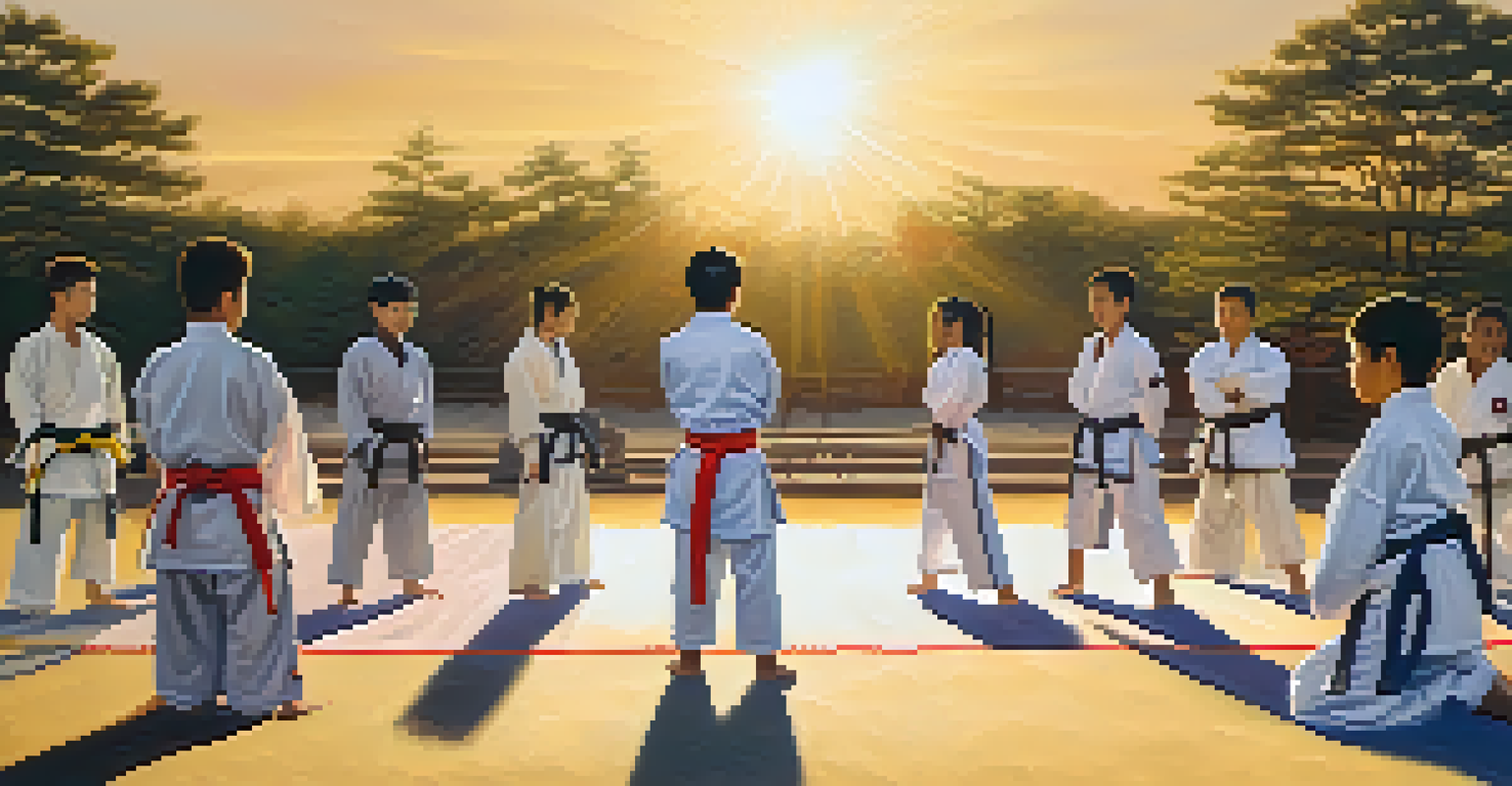 A diverse group of martial artists in traditional uniforms practicing together outdoors during sunset.