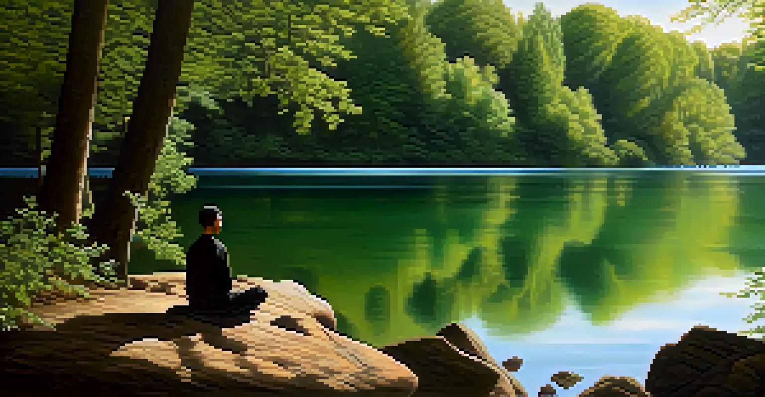 A martial artist meditating by a calm lake in a forest, focusing on mindfulness and visualization.