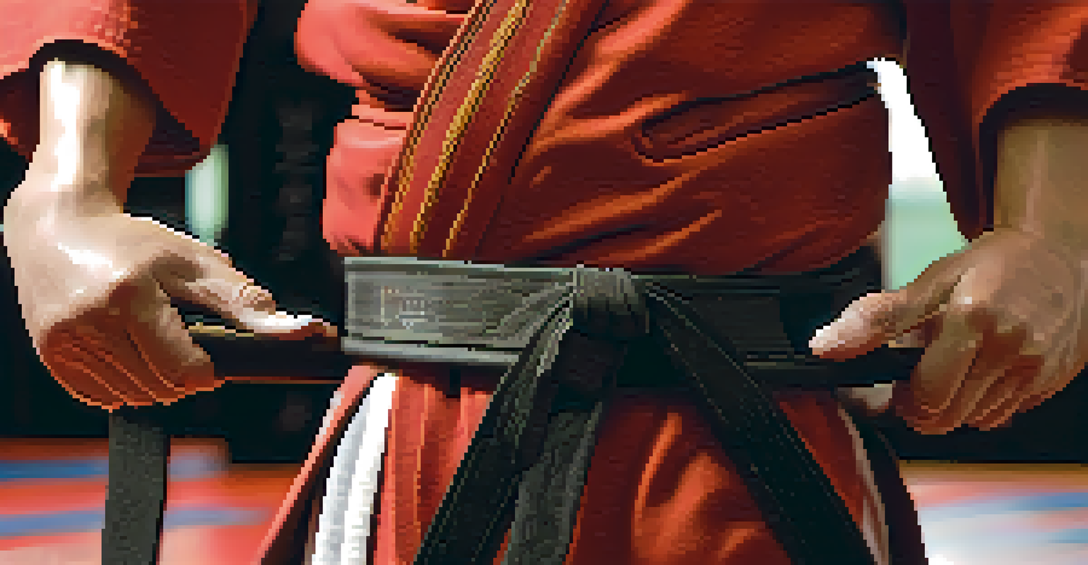 A close-up of a martial artist's hand gripping a dojo belt, with a blurred dojo background and soft lighting emphasizing determination.