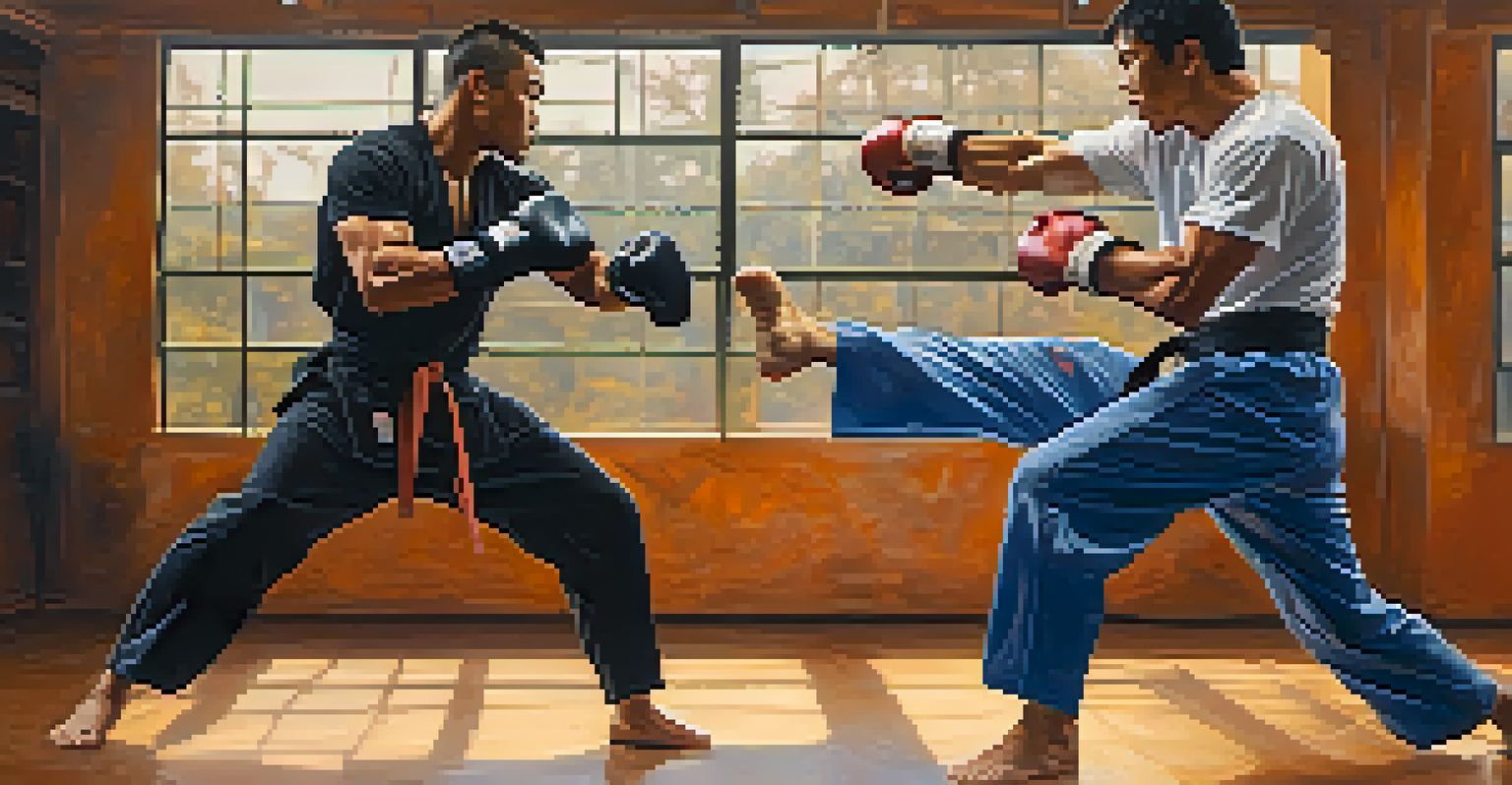 Two martial artists engaged in a sparring session, showcasing their skills in a well-lit gym, with mirrors reflecting their movements.