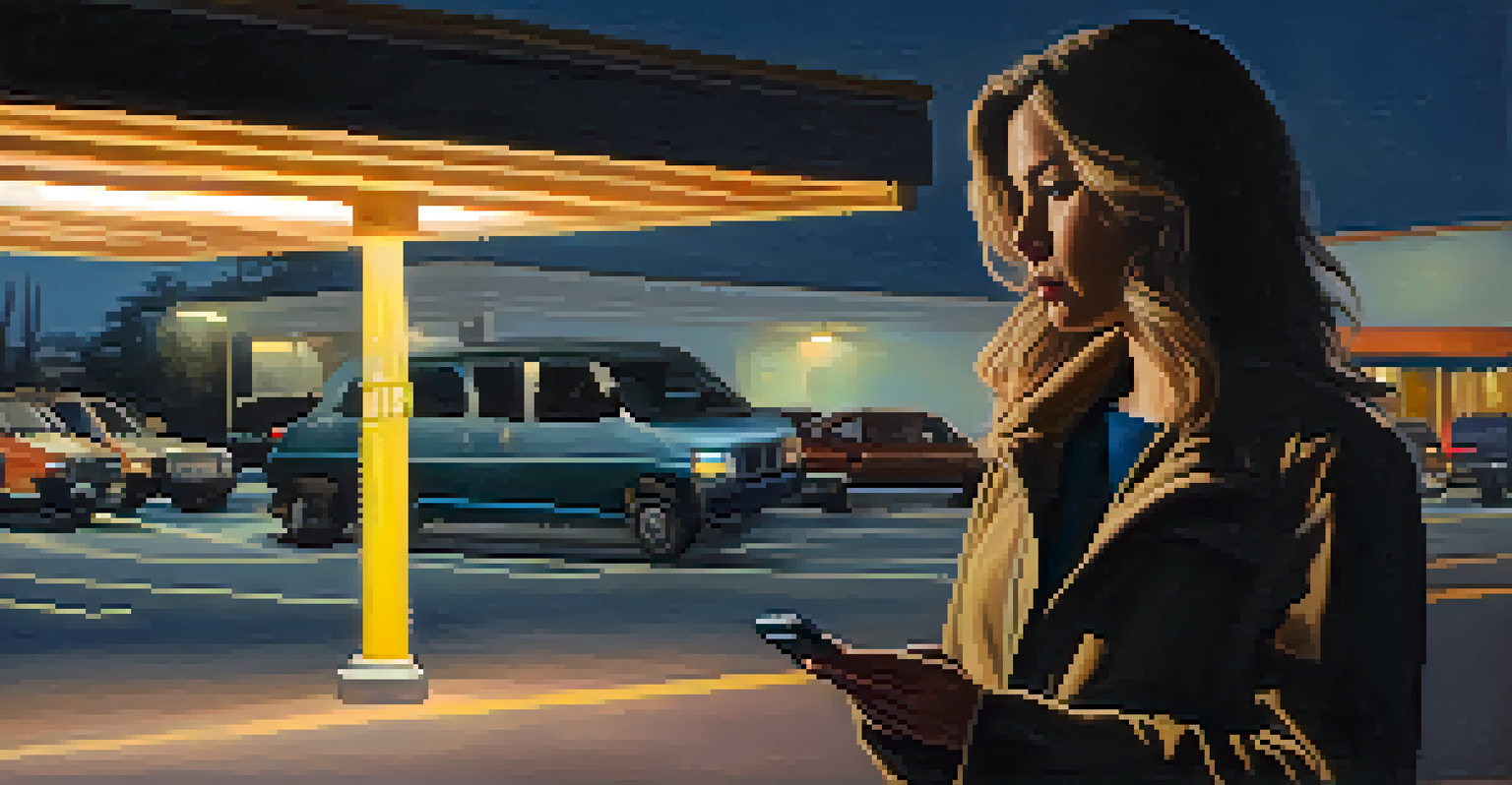 A woman walking through a dimly lit parking lot, holding her phone and looking alert.