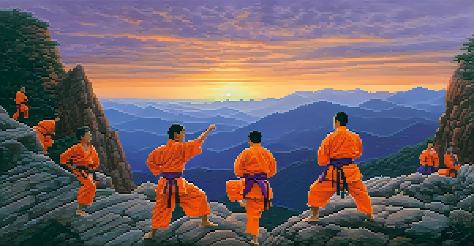 A group of martial artists training on a mountaintop at dawn, surrounded by a colorful sky and rugged landscape.