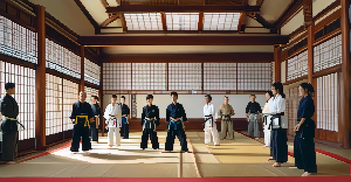 A peaceful dojo with martial artists practicing in a well-lit environment, emphasizing respect and discipline.