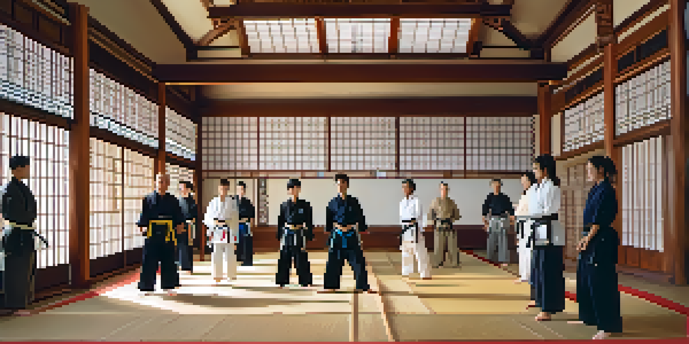 A peaceful dojo with martial artists practicing in a well-lit environment, emphasizing respect and discipline.
