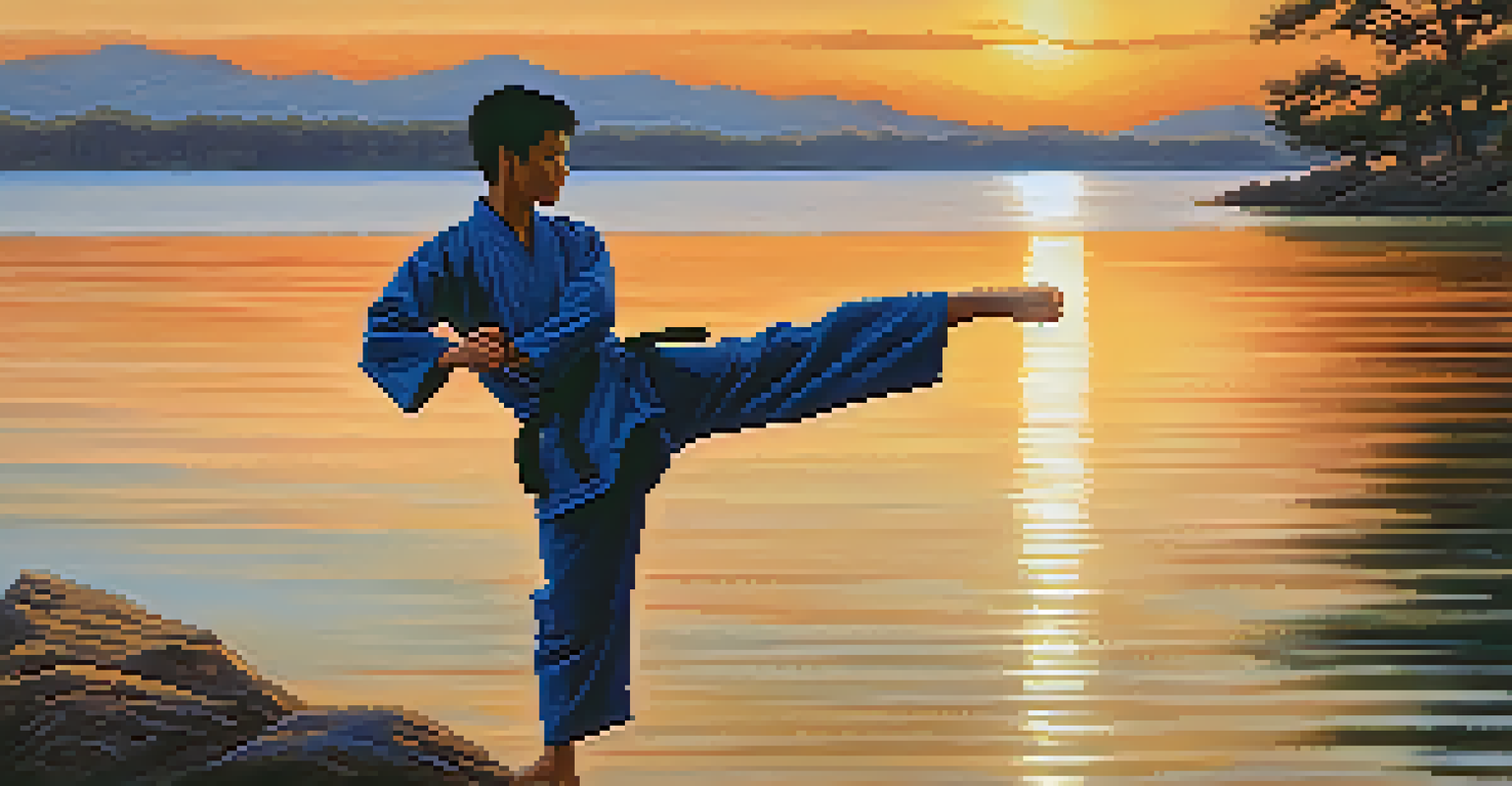 A practitioner performing a high kick at sunrise by a tranquil lake, silhouetted against the golden light.