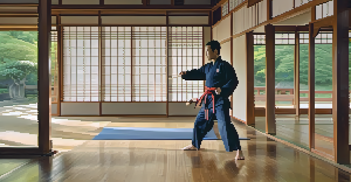 A martial arts dojo with a practitioner performing Tai Chi in the morning light, surrounded by a peaceful garden.