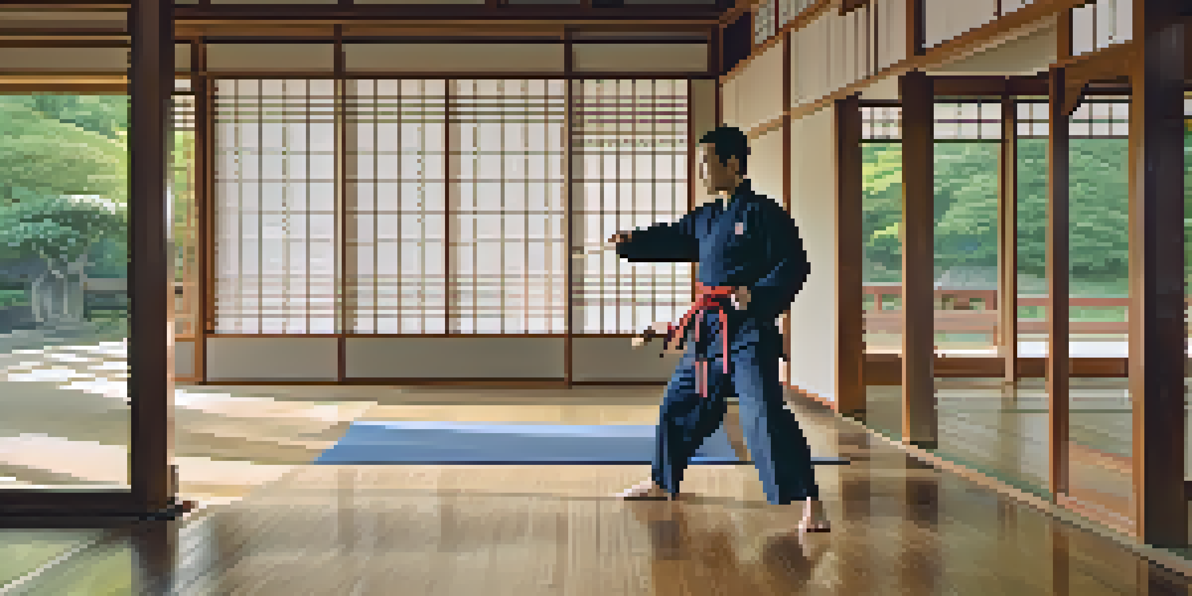 A martial arts dojo with a practitioner performing Tai Chi in the morning light, surrounded by a peaceful garden.