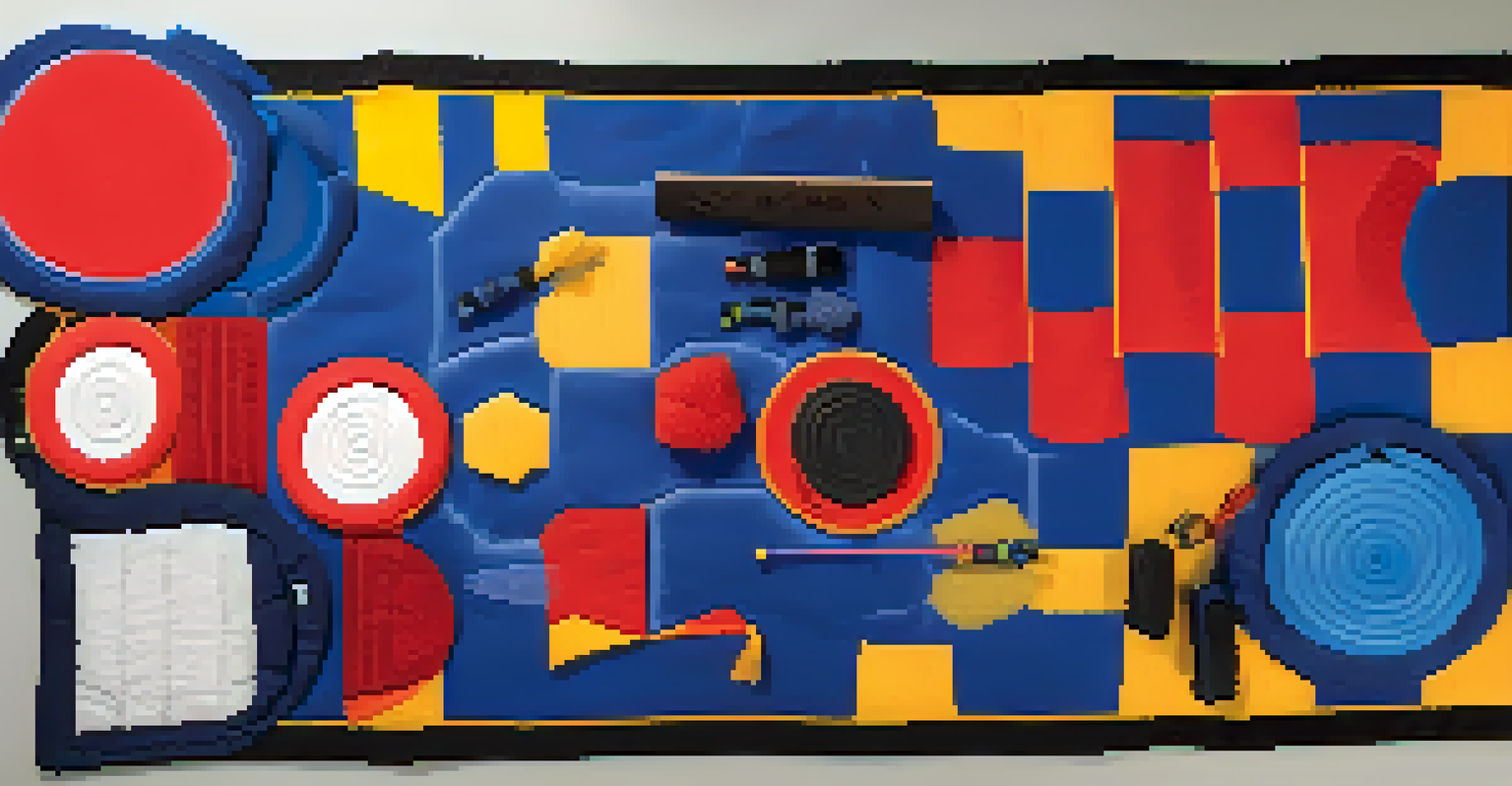 A colorful adaptive martial arts mat with textured sections, surrounded by supportive equipment, emphasizing inclusivity and sensory engagement.