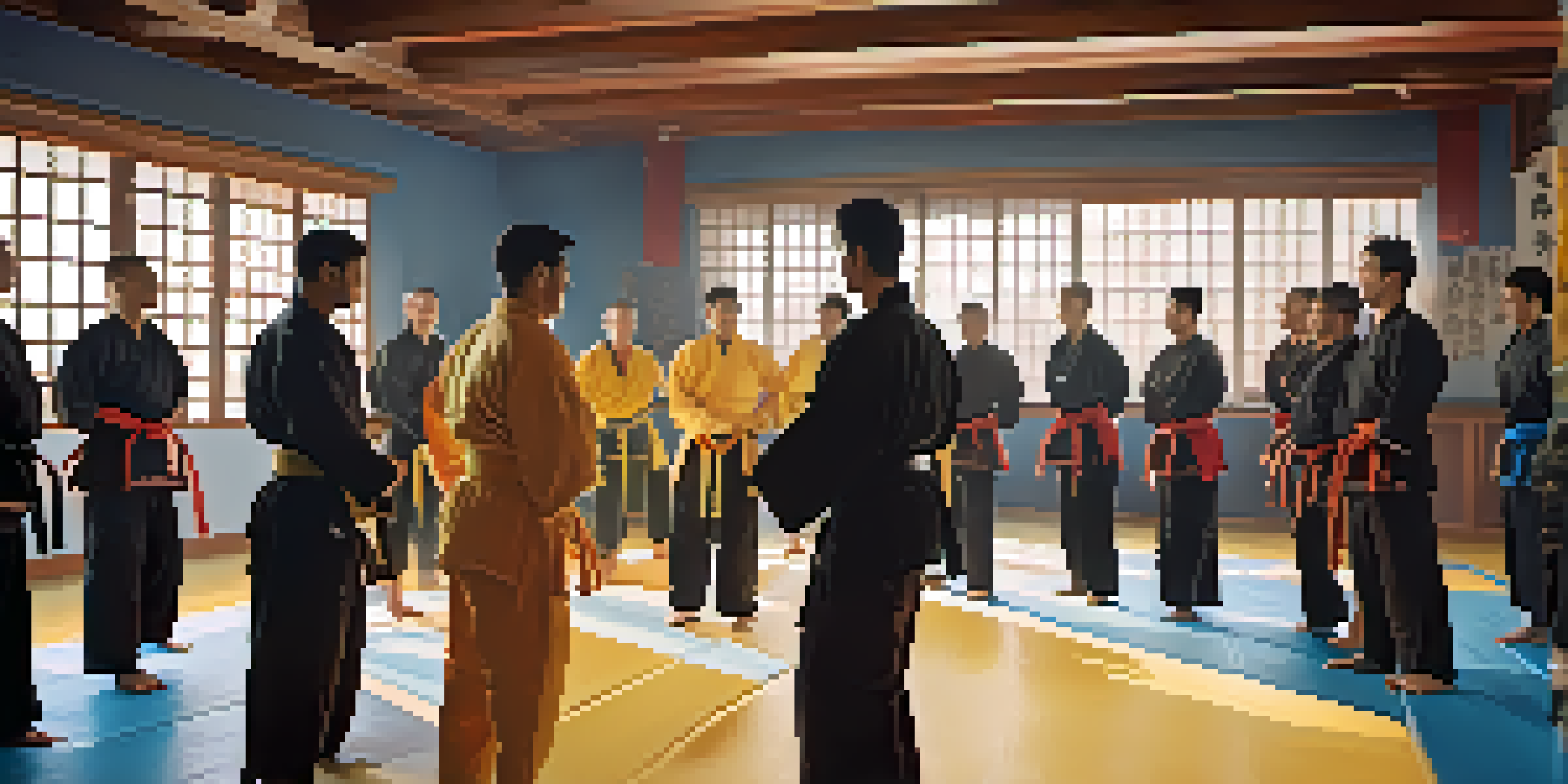 A diverse group of martial arts practitioners celebrating together in a dojo, embodying community and support.