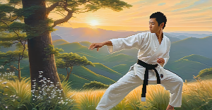 A martial artist in a white gi practicing kata amidst a serene outdoor landscape during sunset, surrounded by greenery and wildflowers.