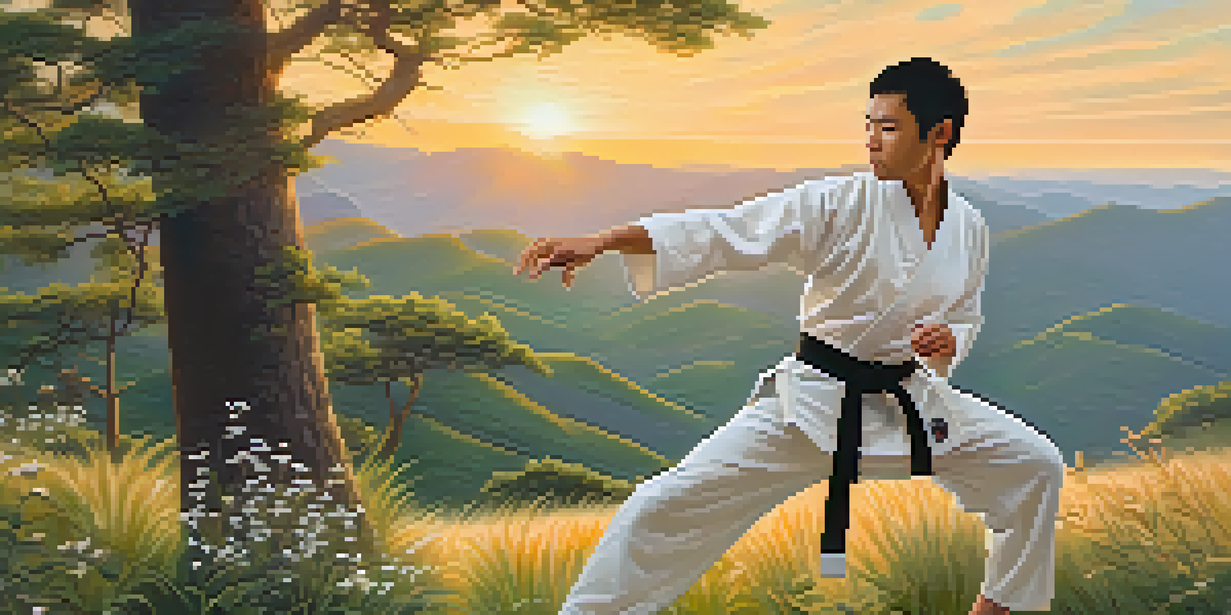 A martial artist in a white gi practicing kata amidst a serene outdoor landscape during sunset, surrounded by greenery and wildflowers.