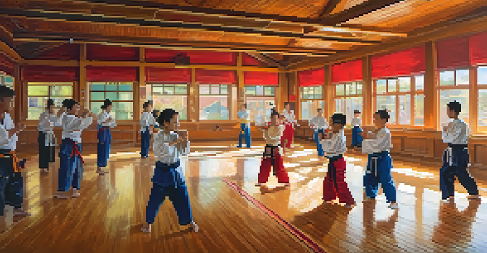 A diverse group of martial arts students practicing together in a brightly lit dojo, showcasing unity and teamwork.