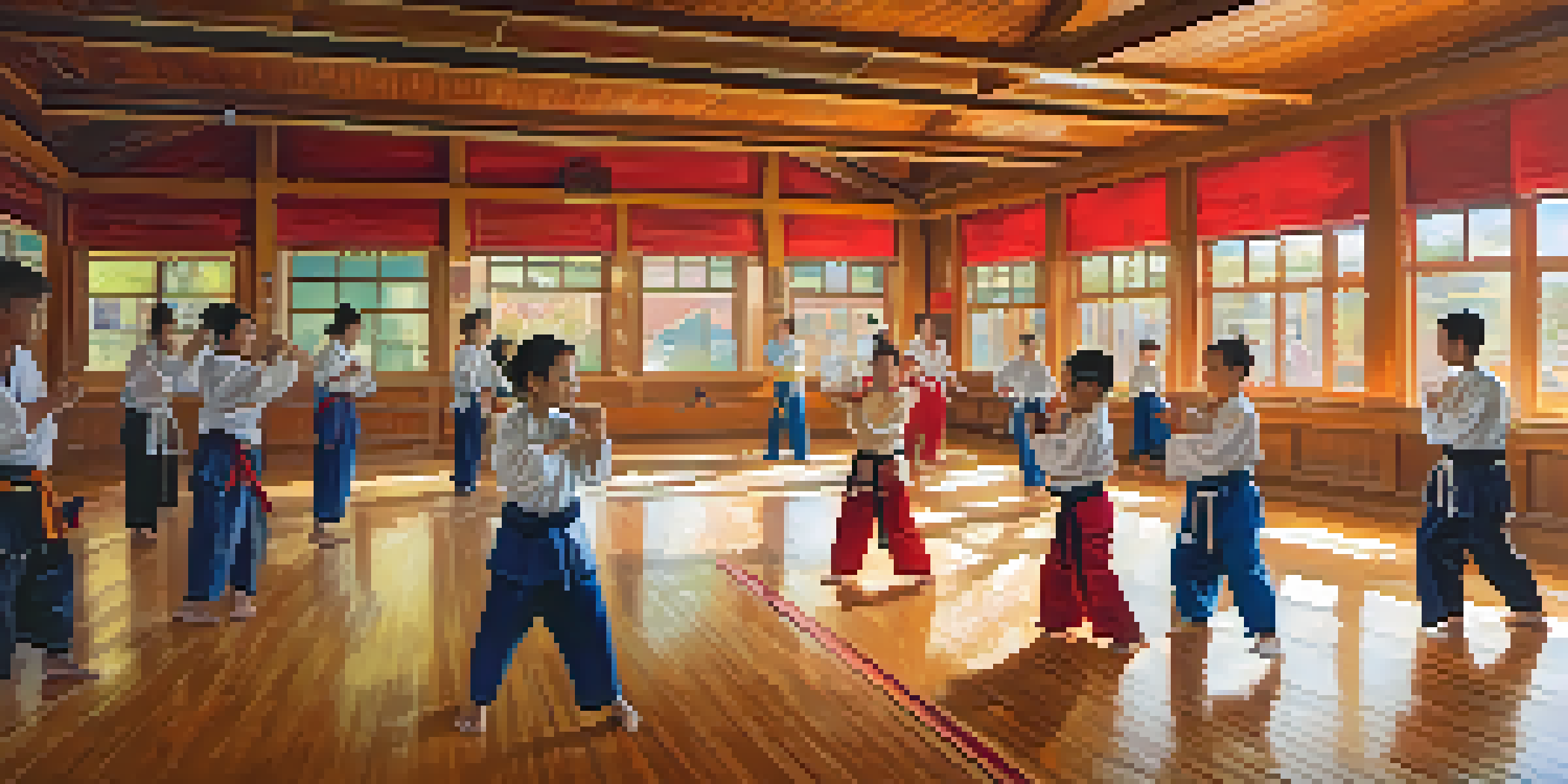 A diverse group of martial arts students practicing together in a brightly lit dojo, showcasing unity and teamwork.