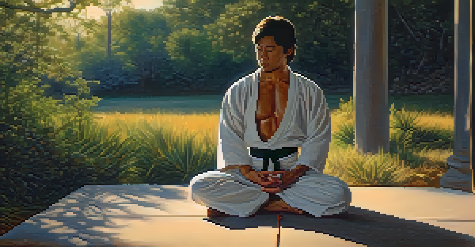 A martial artist meditating outdoors at sunset, surrounded by nature, representing calmness and mental focus.