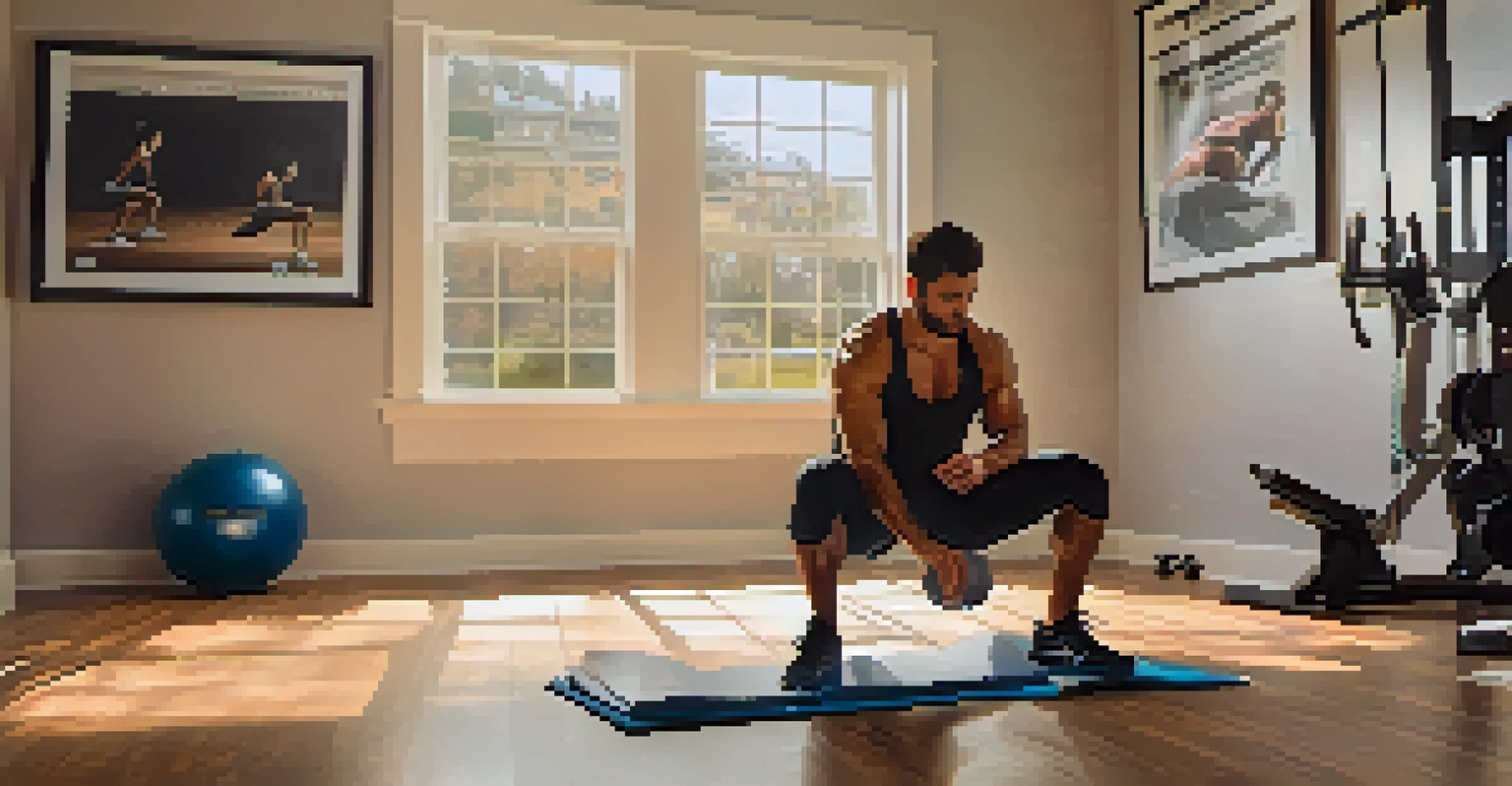 An athlete in a home gym checking their knee flexion on a mat, with fitness equipment and motivational quotes in the background.
