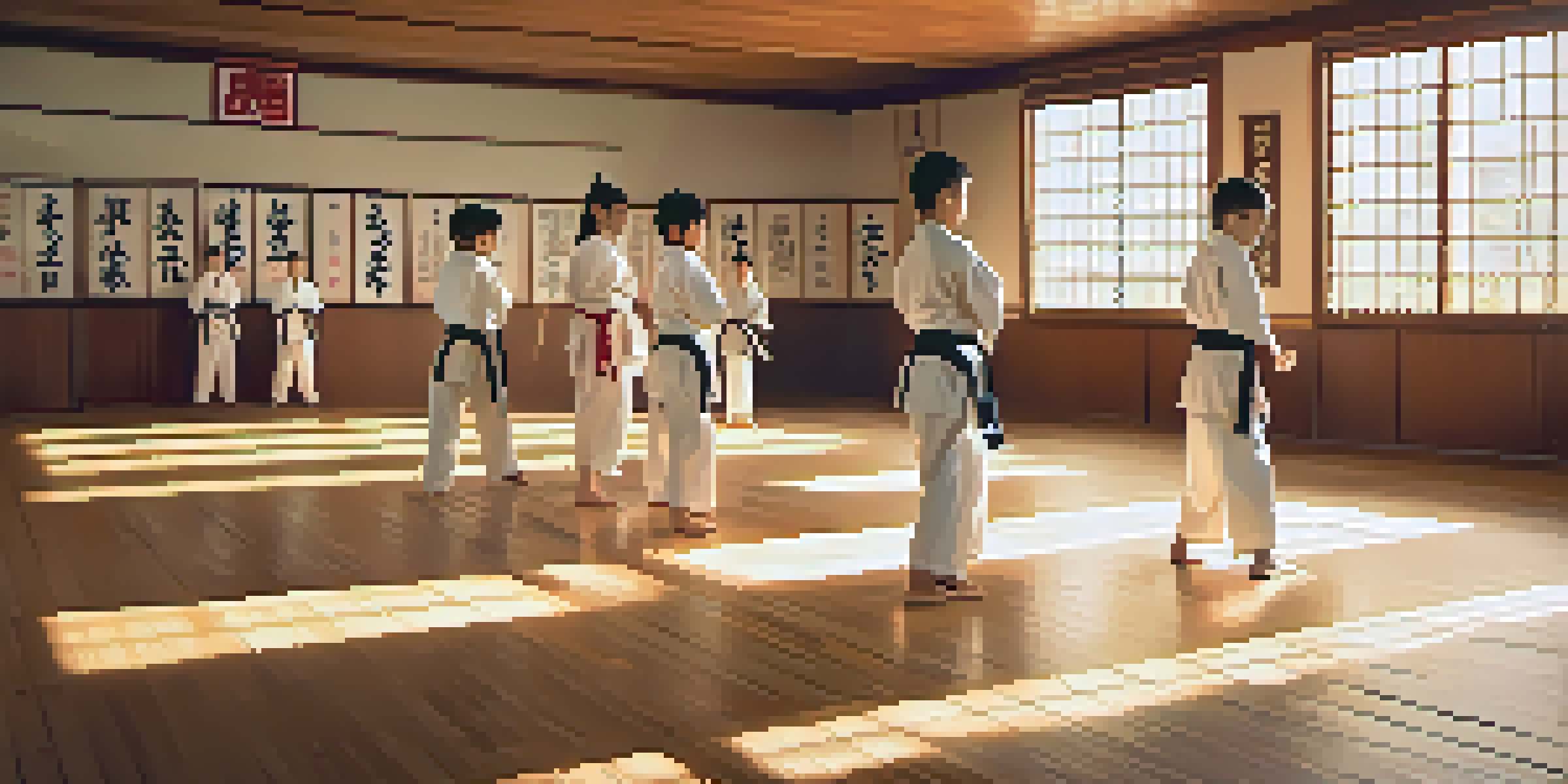 A group of diverse youth practicing karate in a sunlit dojo, with wooden floors and inspirational decor.