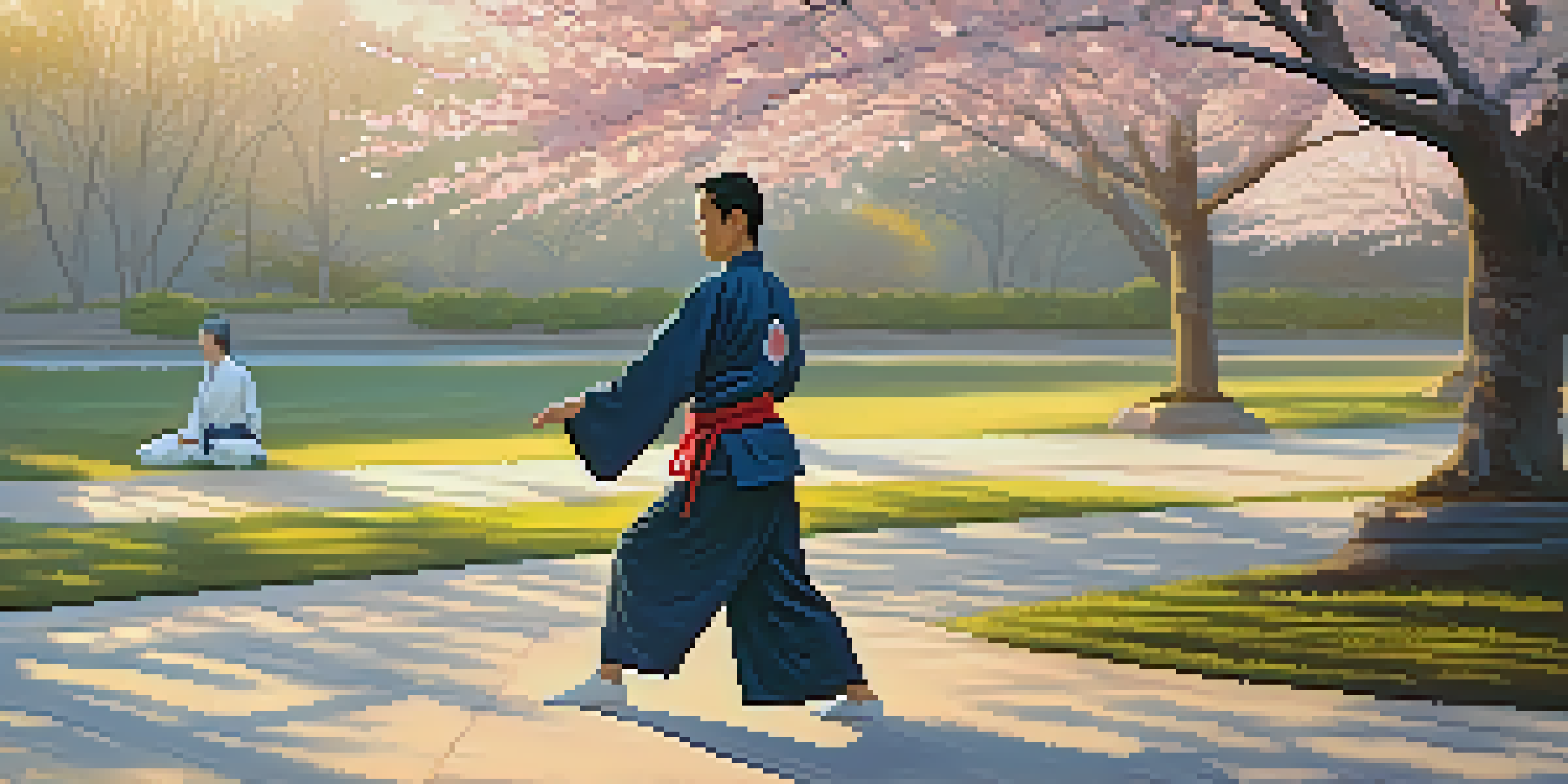 A martial artist performing Tai Chi in a peaceful park at sunrise, surrounded by blooming cherry blossom trees.