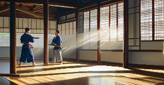 A dojo interior with wooden floors and sunlight streaming through windows, where diverse martial arts practitioners are bowing in respect.