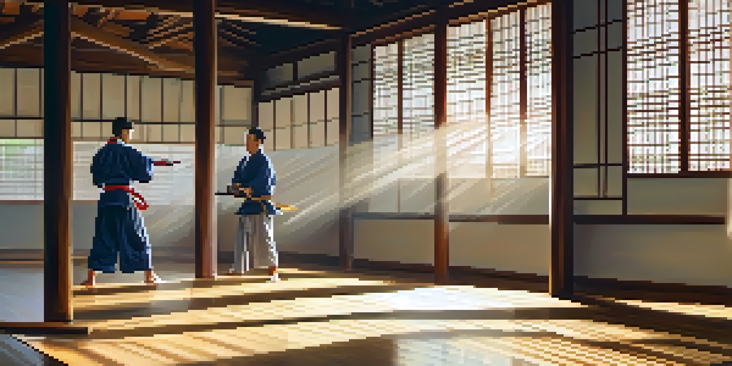 A dojo interior with wooden floors and sunlight streaming through windows, where diverse martial arts practitioners are bowing in respect.