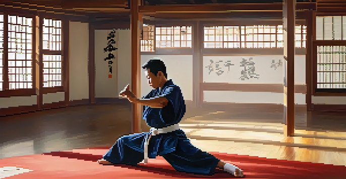 A peaceful martial arts dojo featuring a martial artist practicing a kata, with natural light and traditional decor.