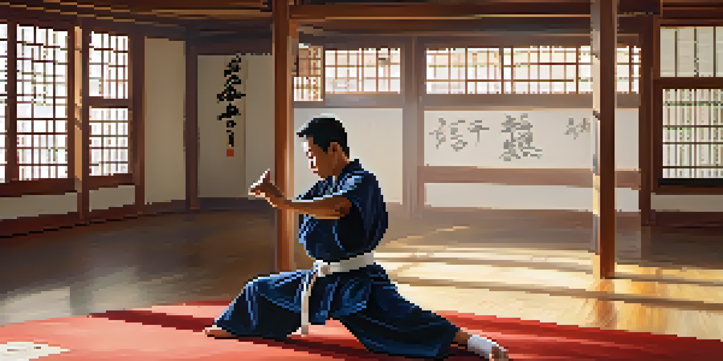 A peaceful martial arts dojo featuring a martial artist practicing a kata, with natural light and traditional decor.