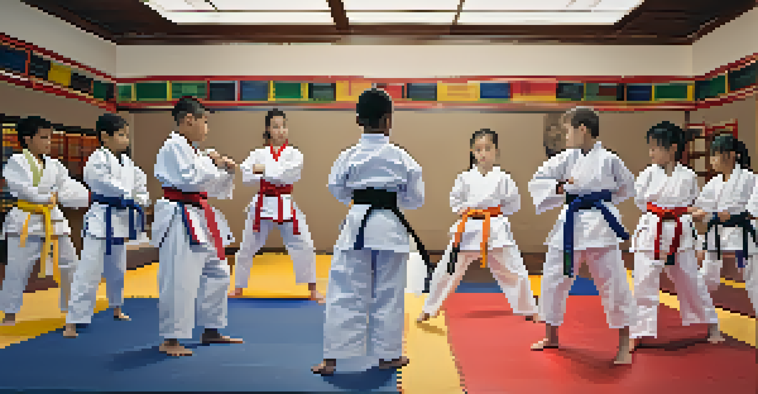 Diverse young martial artists sparring in a bright gym, showcasing teamwork and determination.