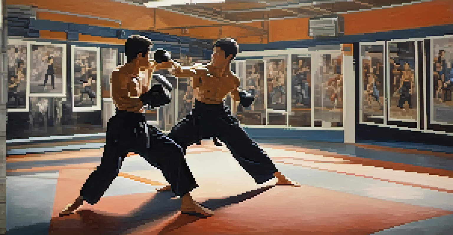 Two martial artists sparring in a gym, one performing a kick and the other defending.