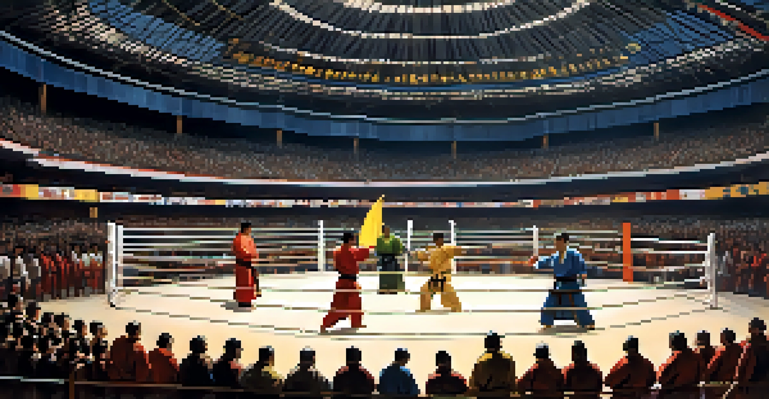 A vibrant martial arts tournament with diverse fighters in action, surrounded by cheering spectators and colorful banners.