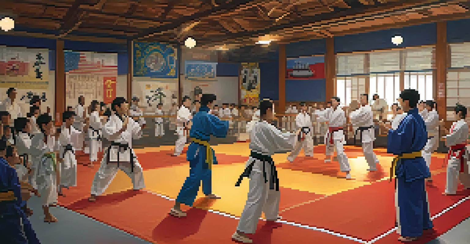 A lively martial arts tournament with students of all ages participating and friends cheering each other on.